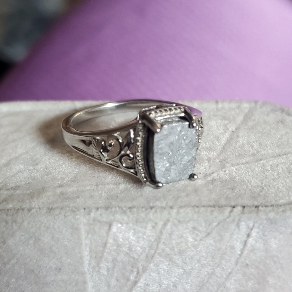 Marvelous Meteorite Cabochon Ring Platinum Over Sterling Silver